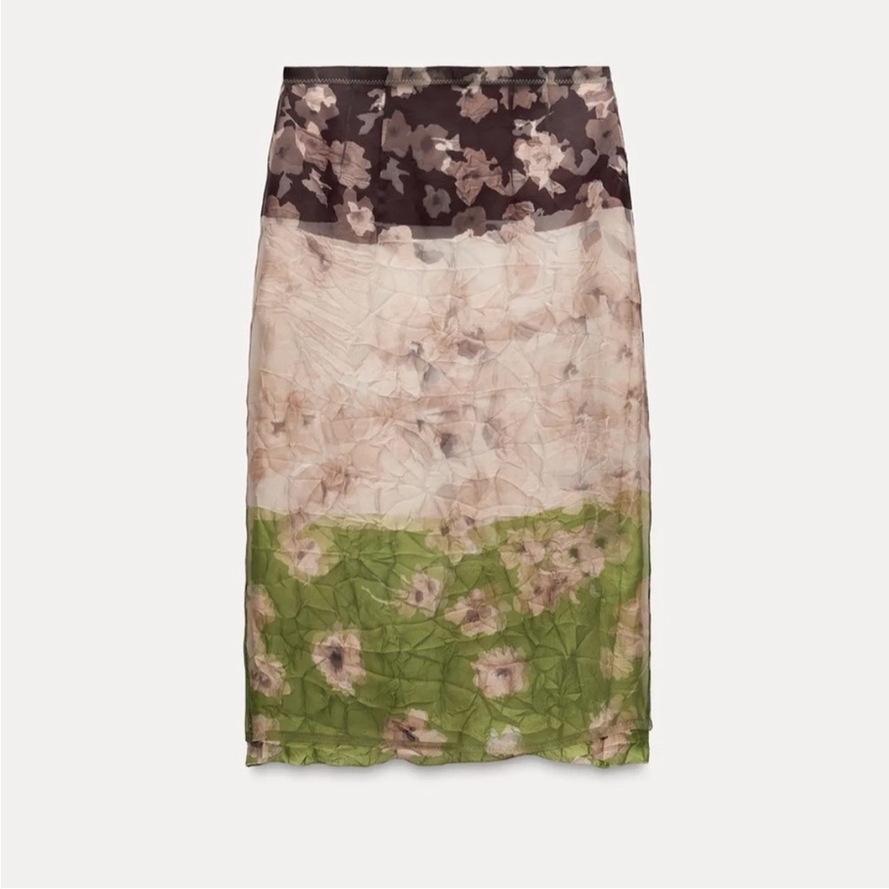 Zara Floral Panel Pencil Skirt in Brown, Cream & Green